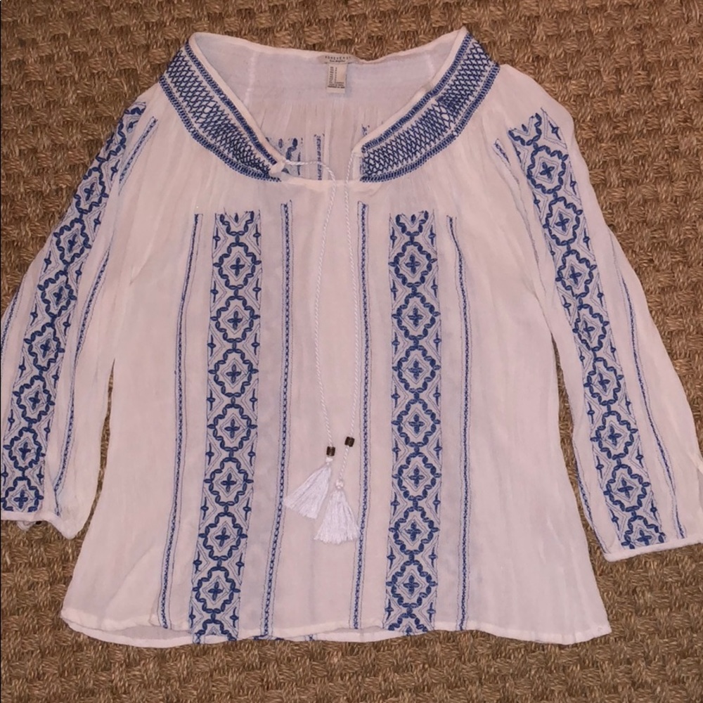 Forever 21 -Blue & White Top with Tassel Ties